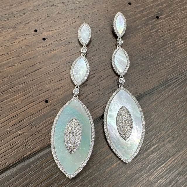 Mother-of-pearl and pavé cz, marquis statement earring - sterling silver