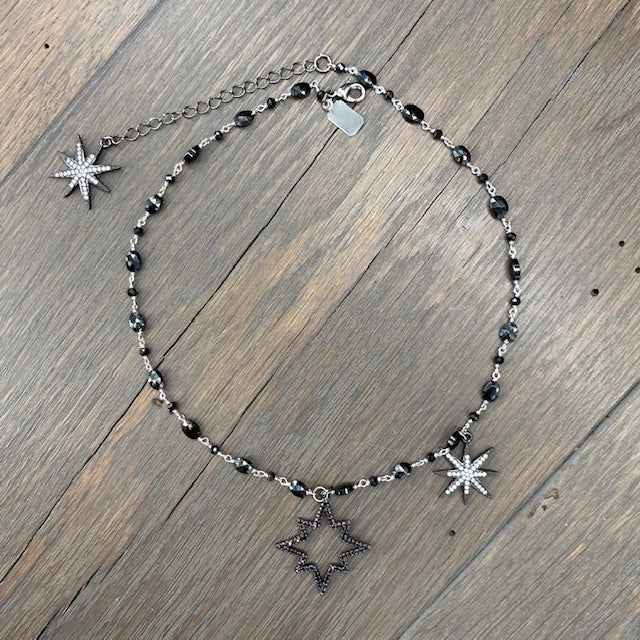 Black spinel bubble necklace with pavé cz star accents