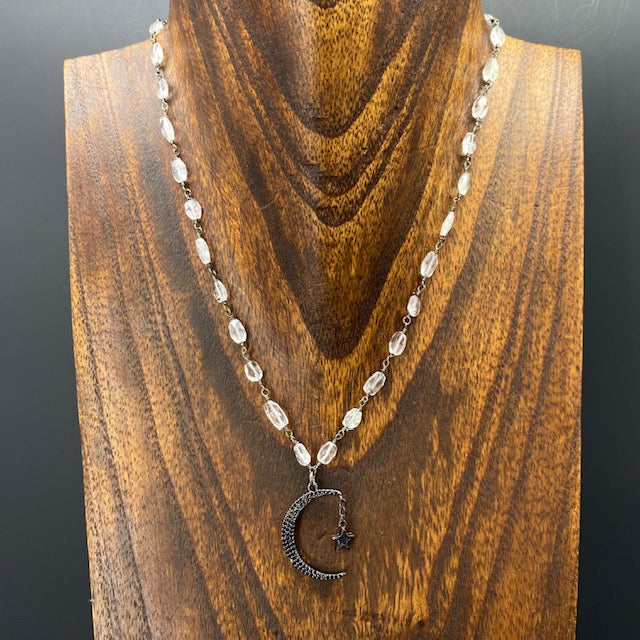 Aquamarine nugget necklace wih black pavé cz pendant - gunmetal