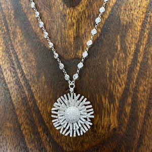 Bezel cz necklace with sunburst - sterling silver