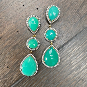 Triple green calcedony cz earrings - sterling silver