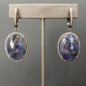 Blue sapphire and cz drop huggie earrings - oxidized sterling silver