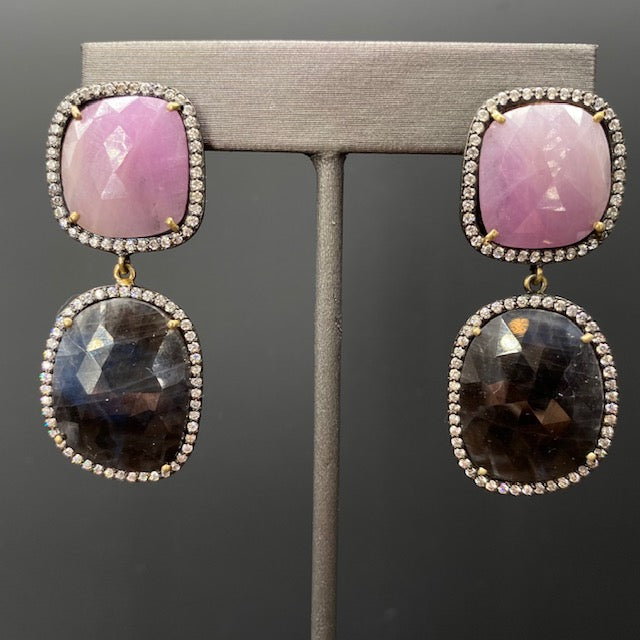 Pink and chocolate/blue ombré sapphire earrings - oxidized sterling silver