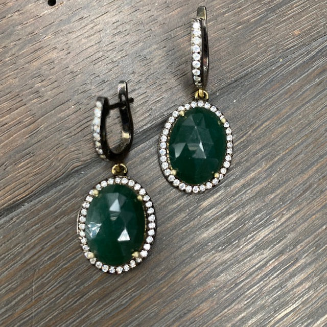 Cz trimmed green agate huggie earrings - oxidized sterling silver