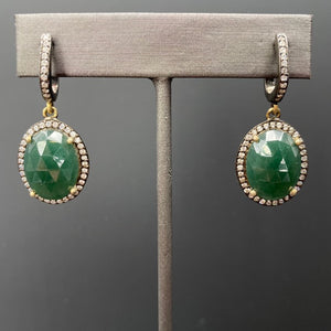 Cz trimmed green agate huggie earrings - oxidized sterling silver