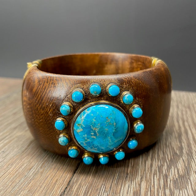Turquoise accented wooden cuff bracelet - gold vermeil
