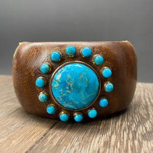 Turquoise accented wooden cuff bracelet - gold vermeil