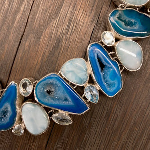 Blue agate, larimar, blue topaz mosaic necklace - sterling silver