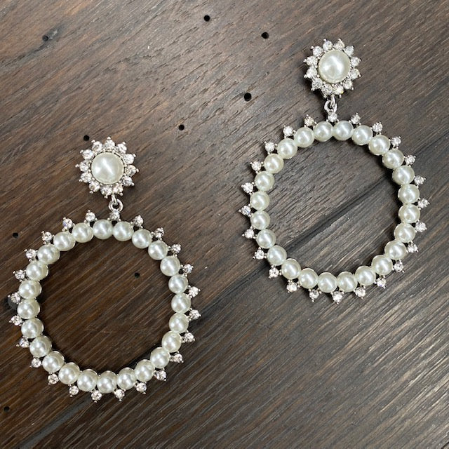 Faux pearl hoops with cz trim - silver and gold