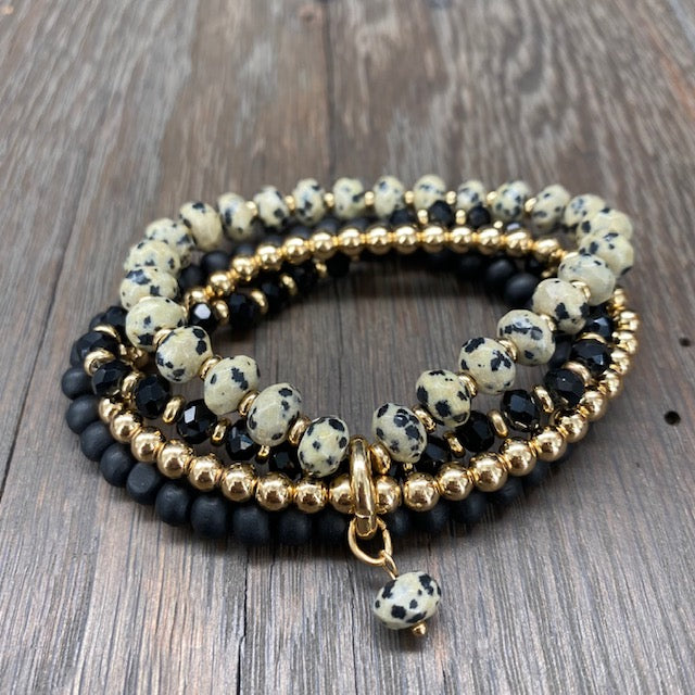 Gemstone and wood beaded bracelet set - gold tone