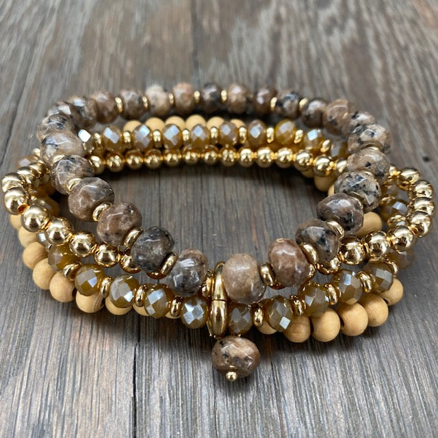 Gemstone and wood beaded bracelet set - gold tone