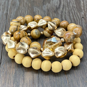 Gemstone and wood bracelet stack