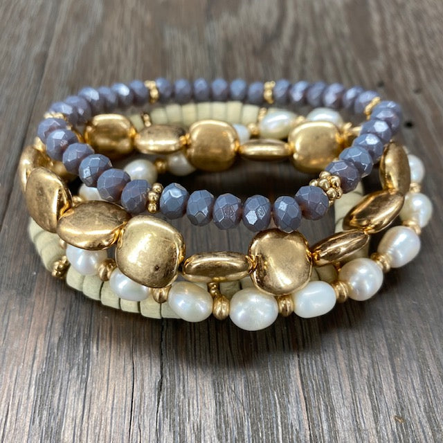 Freshwater pearl and wood bracelet stack
