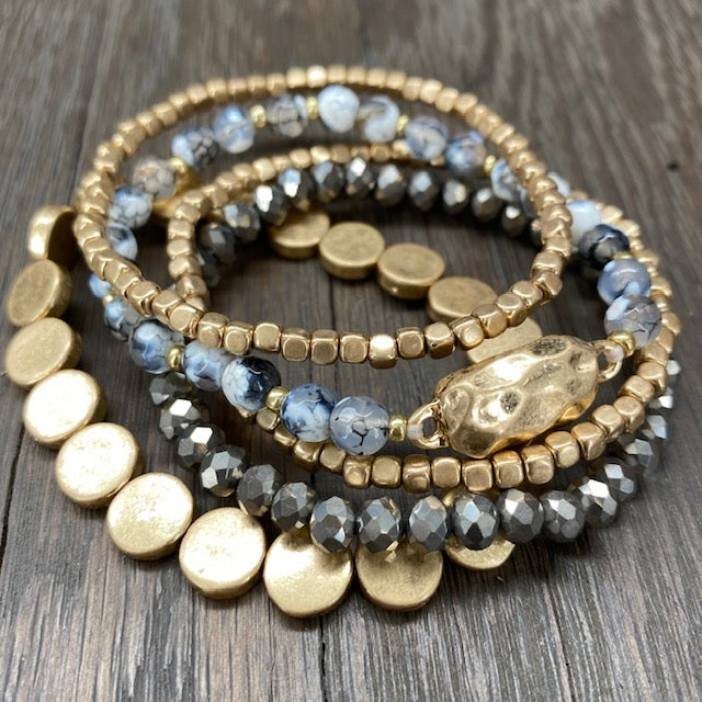 Dendritic opal and hematite tone beaded bracelet stack -  brushed gold