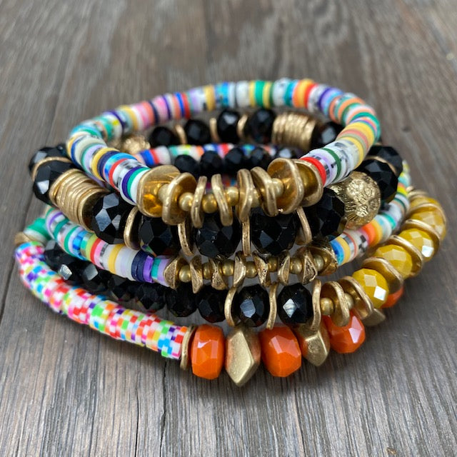 Pixelated multi color tiny rubber disc bracelet stack - gold