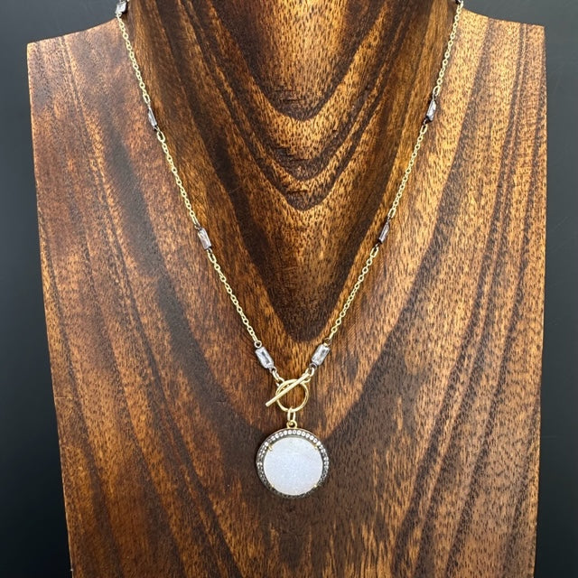 White topaz trimmed large white druzy necklace  - gold/oxidized silver