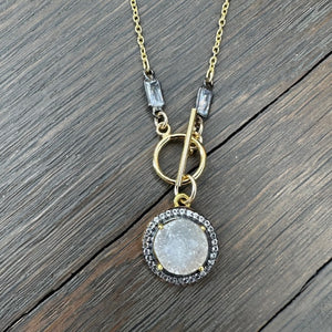 White topaz trimmed small druzy necklace - gold/oxidized silver