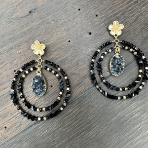 Black beaded double hoop earring with druzy drops - gold tone