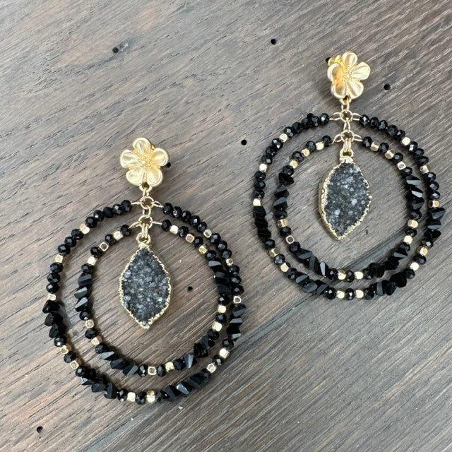 Black beaded double hoop earring with druzy drops - gold tone