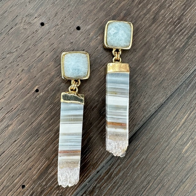 Desert Sand and sky long amethyst slice gemstone earrings - gold
