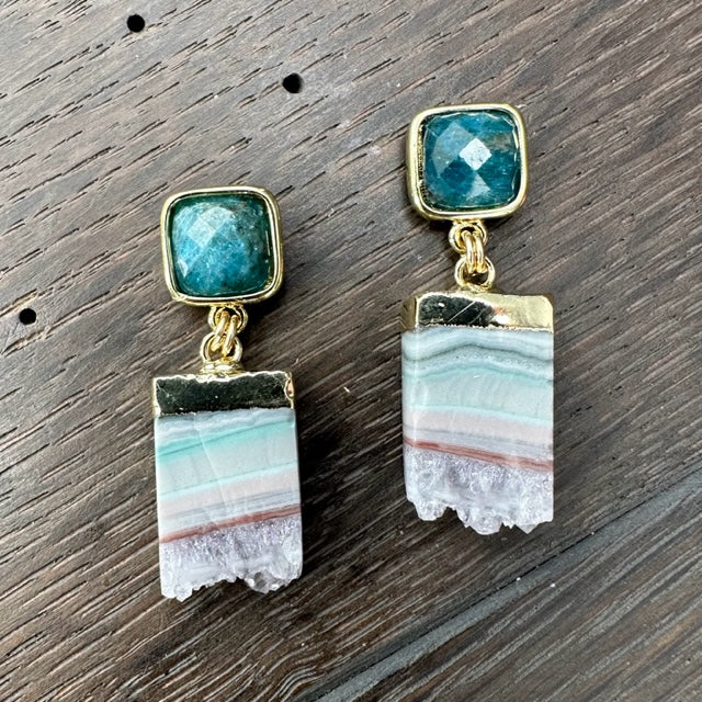 Gemstone post and amethyst slice drop earrings - gold