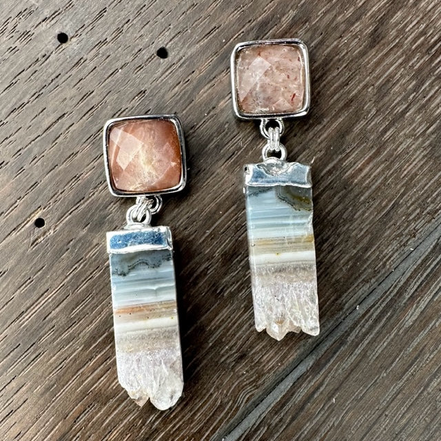 Desert Sand and sky long amethyst slice earrings - silver