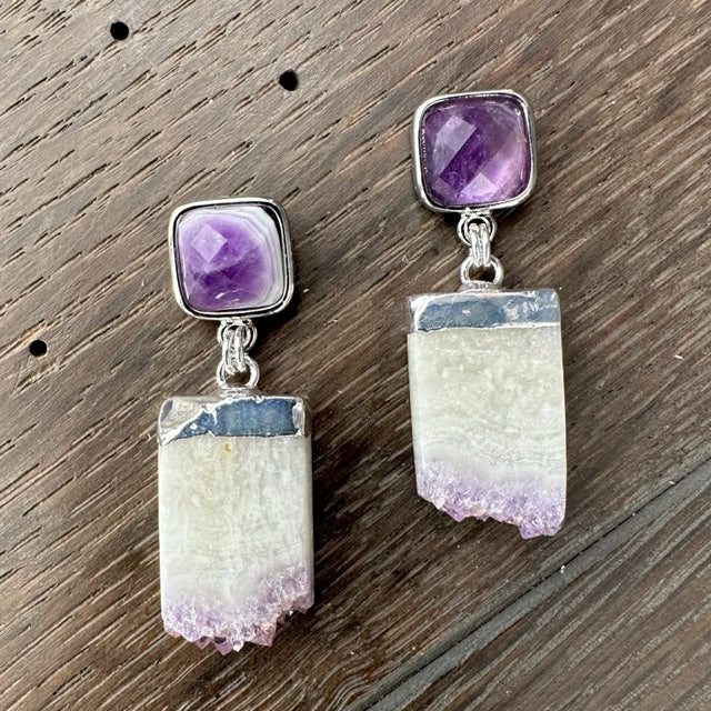 Gemstone post and amethyst slice drop earrings - silver