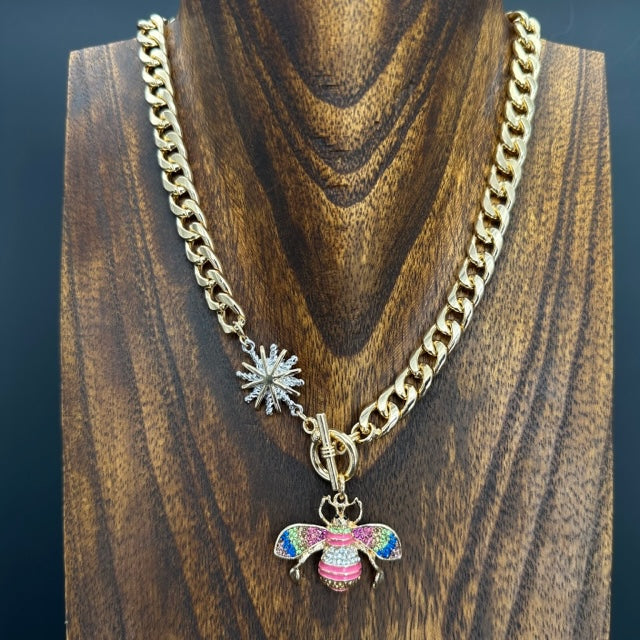 Springtime cz bee front toggle necklace -  mixed metallic