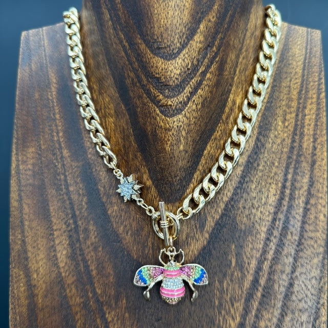 Springtime cz bee front toggle necklace -  mixed metallic