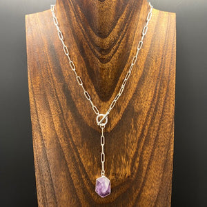 Geometrical gemstone drop Y necklace - silver