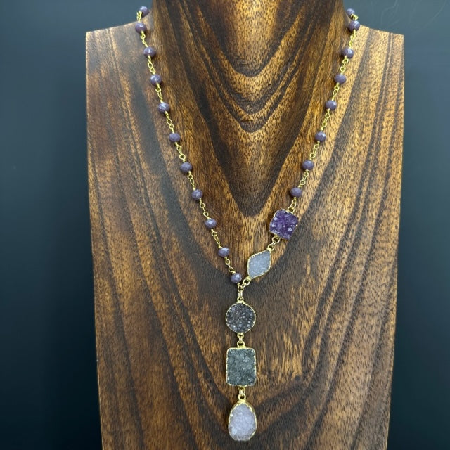 Asymmetrical purple beaded druzy necklace - gold