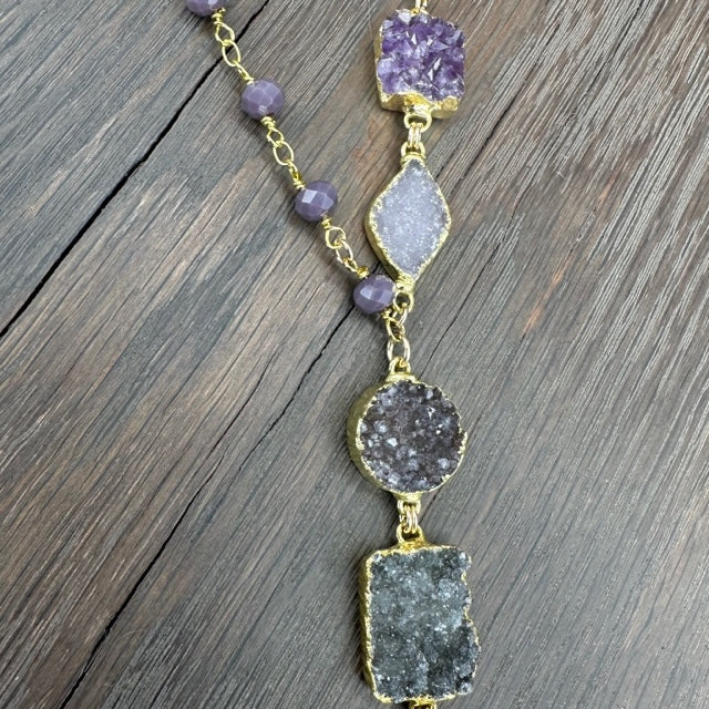 Asymmetrical purple beaded druzy necklace - gold