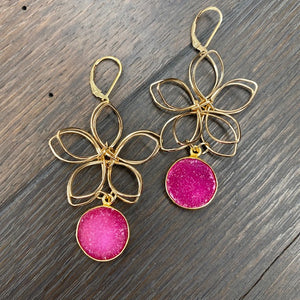 Gemstone drop 3d wire flower earrings - gold