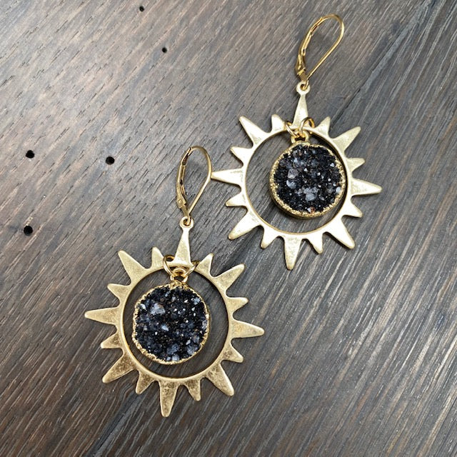 Celestial sun and druzy earrings - gold