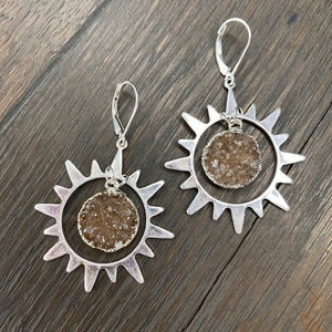 Celestial sun and druzy earrings - silver
