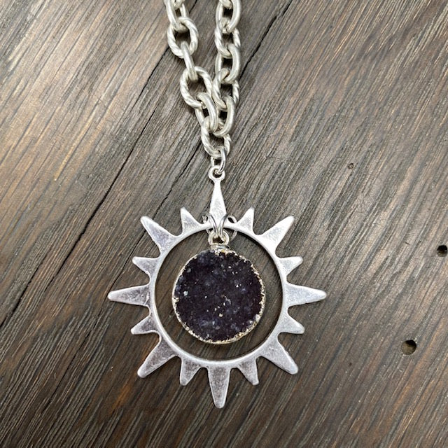 Celestial sun and druzy necklace - silver