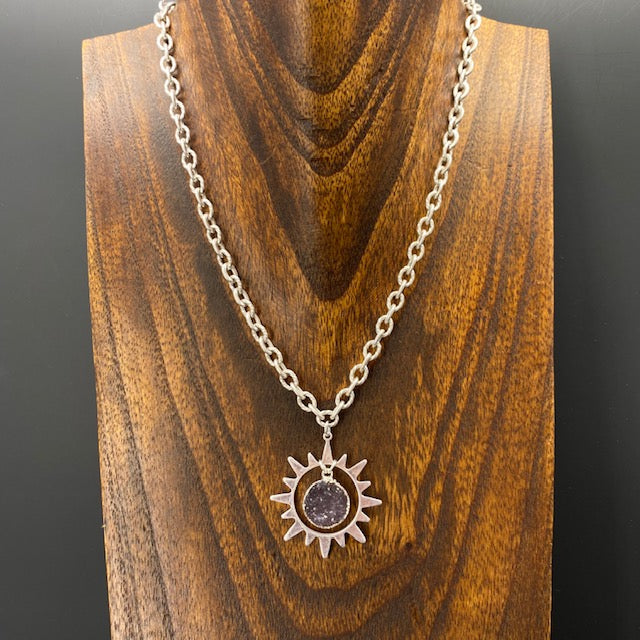 Celestial sun and druzy necklace - silver