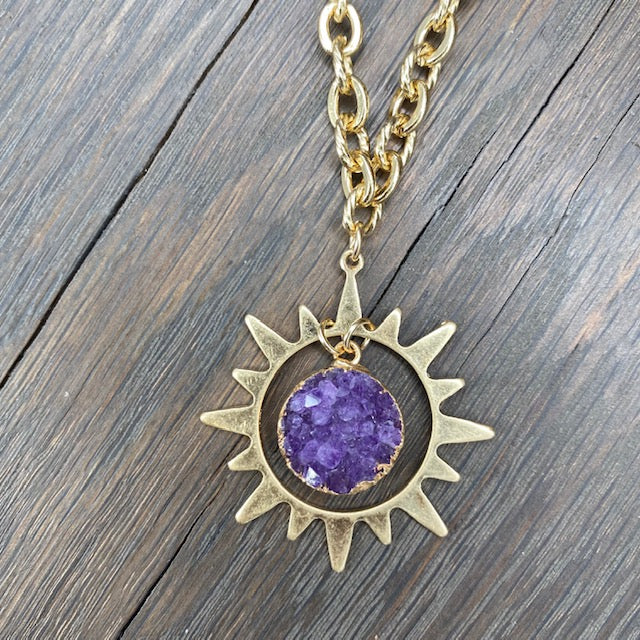 Celestial sun and druzy necklace - brushed gold