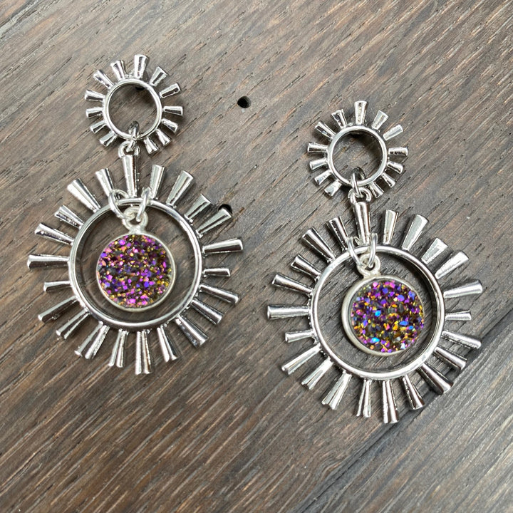 Sunburst and druzy earrings - silver