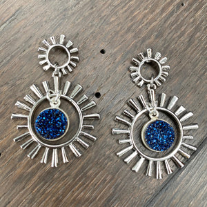 Sunburst and druzy earrings - silver