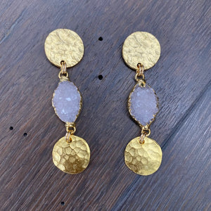 Hammered coin and druzy drop earrings - gold