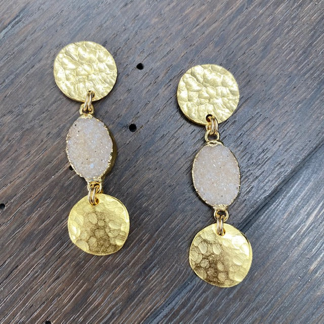 Hammered coin and druzy drop earrings - gold