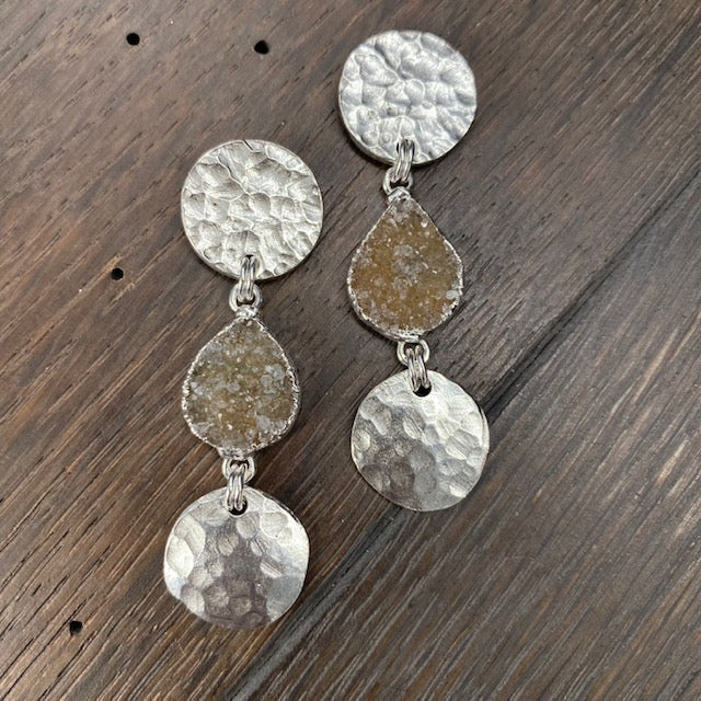 Hammered coin and druzy drop earrings - silver