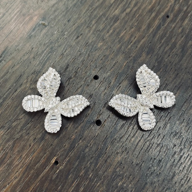 Baguette cz large butterfly button stud earrings