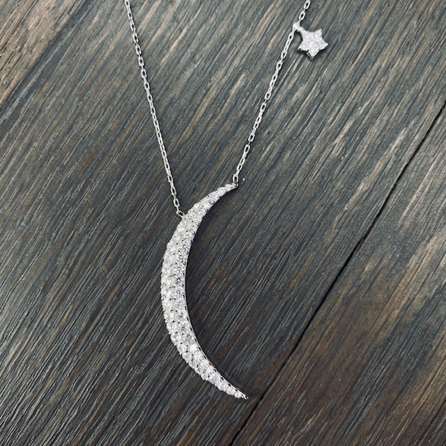 Crescent and dangling star pavé cz necklace - silver, gold