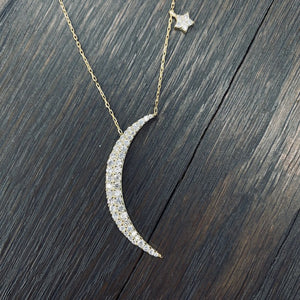 Crescent and dangling star pavé cz necklace - silver, gold