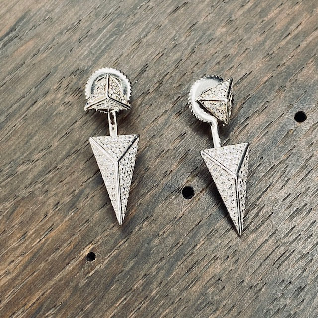 Double 3d triangle jacket earrings - sterling silver