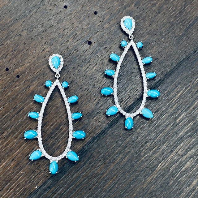 Turquoise accented teardrop hoop earrings - sterling silver