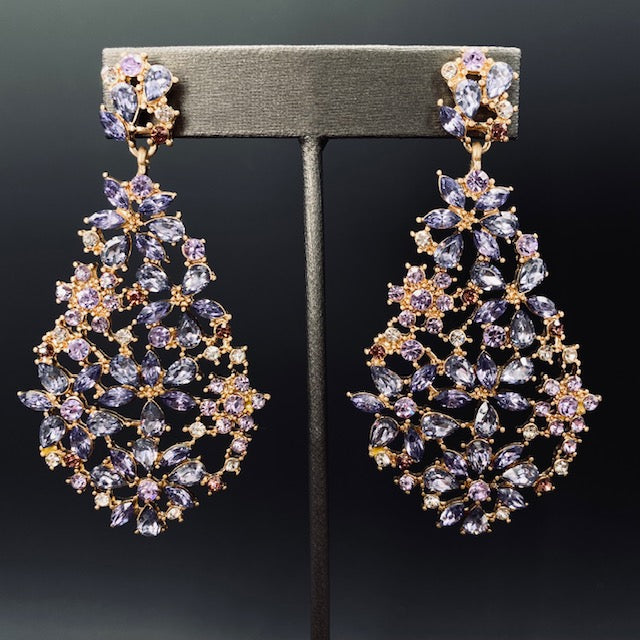 Gorgeous glass floral mosaic statement earring - gold tone