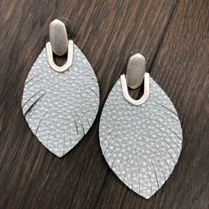 Silver metallic leather leaf earrings